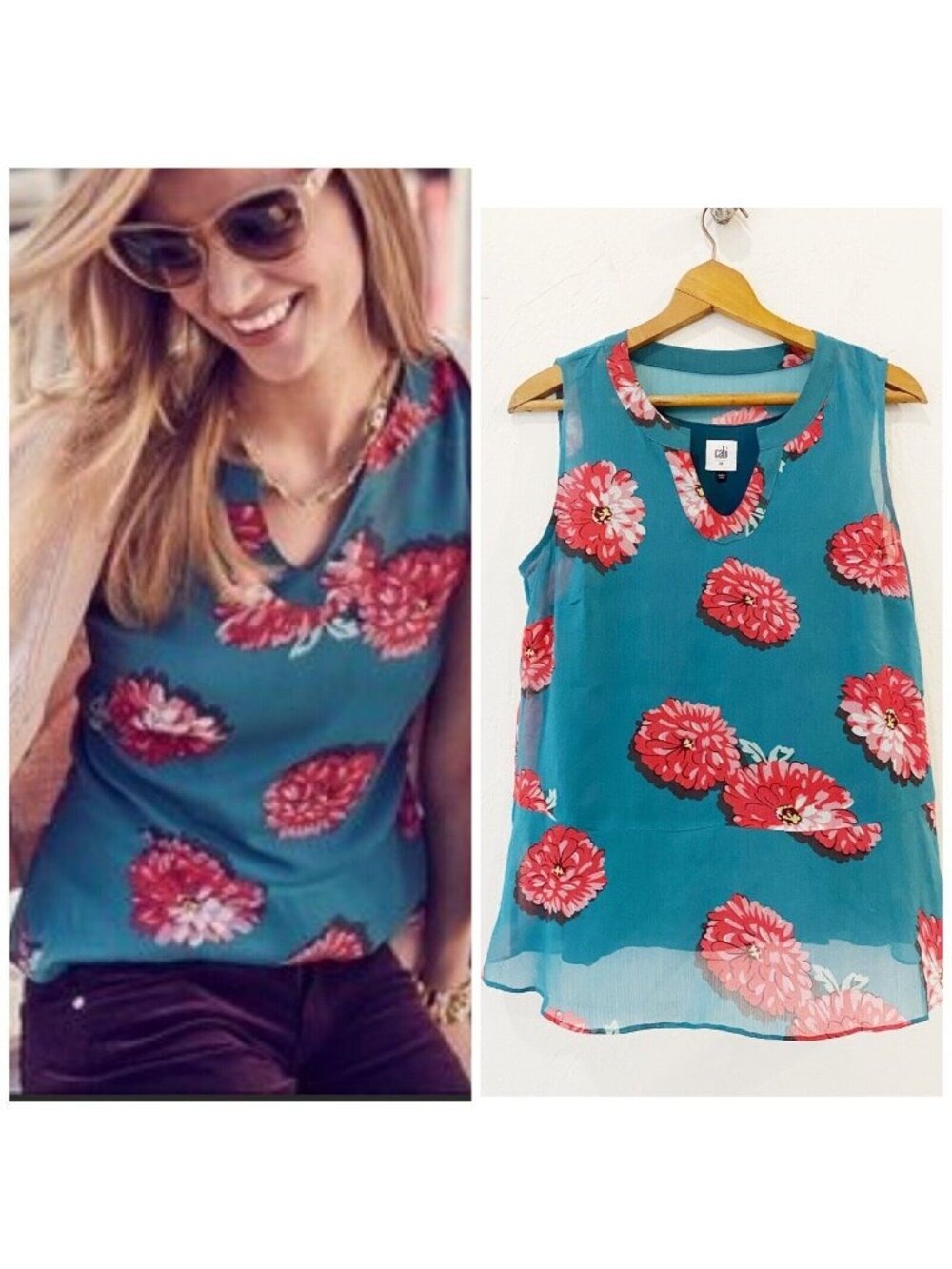 CABI Blushing Blouse 3445 Teal Blue Pink Sleeveless Peplum Ruffle Tank Medium